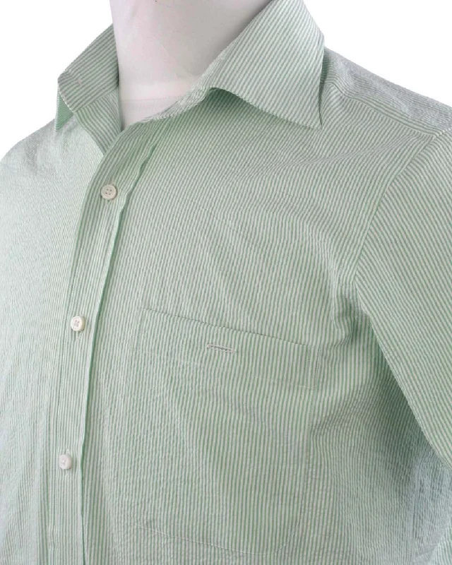 Men's subtle tonal shirts-Fern Green Dress Stripes Seersucker