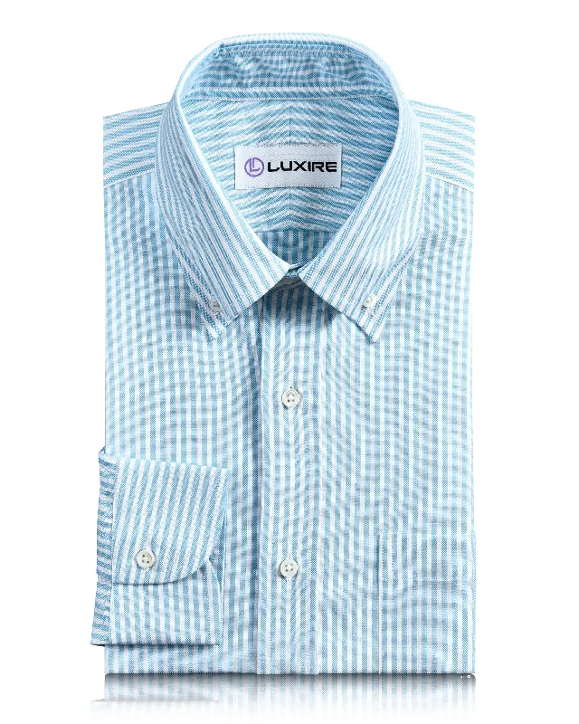 Men's luxury quilted shirts-Ferozi Blue on White Oxford University Stripes Shirt