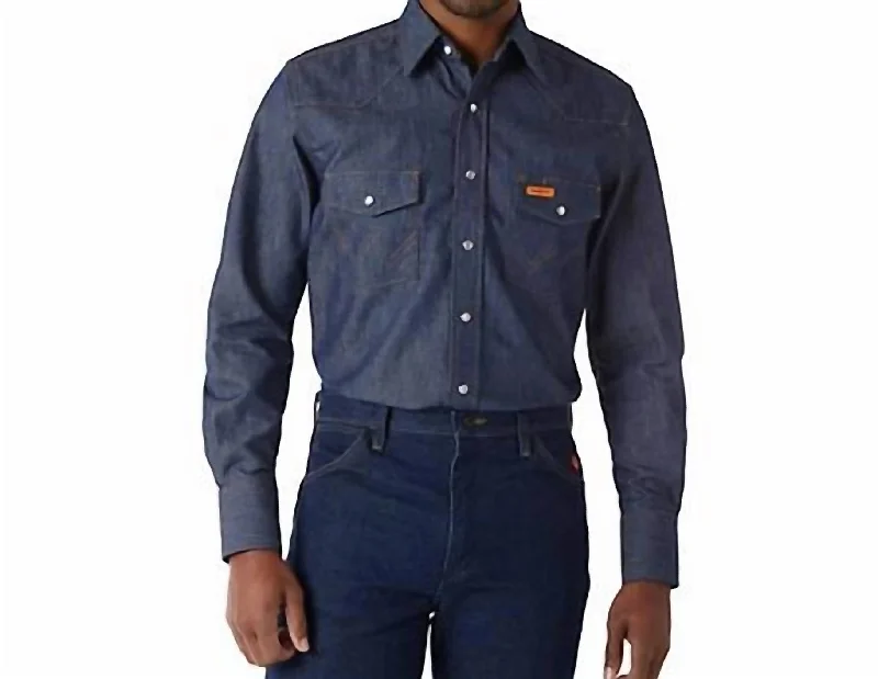 Men's sleek compression shirts-Flame Resistant Western Snap Work Shirt In Denim