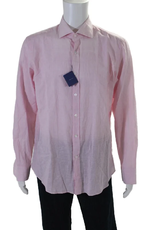 Men's sleek sport shirts-Giannetto Mens Linen Blend Pink Collar Long Sleeve Button Down Shirt