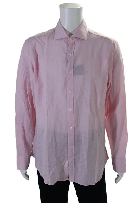 Men's formal mandarin-neck shirts-Giannetto Mens Linen Blend Pink Collar Long Sleeve Button Down Shirt