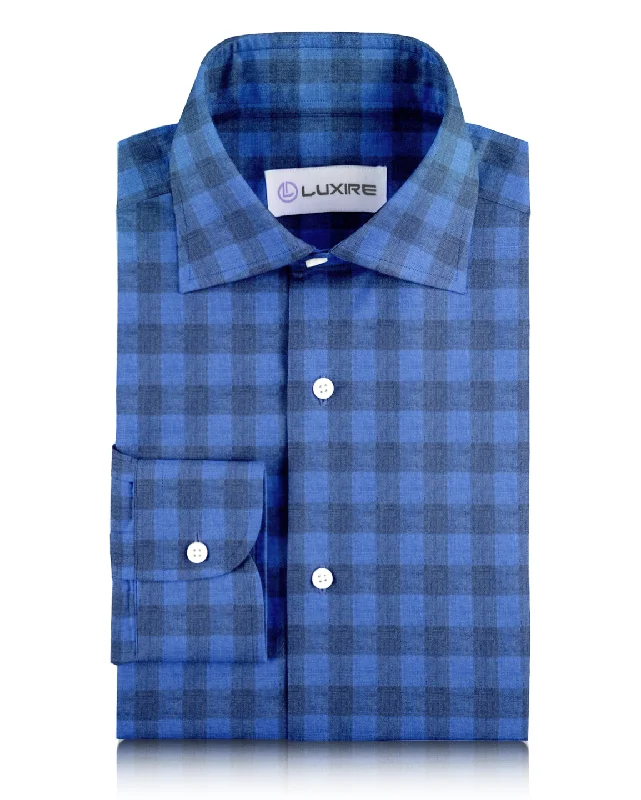 Men's classic contrast-collar shirts-Linen: Shark Blue Casual Gingham