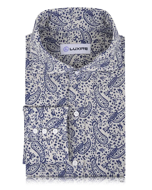 Men's vintage cord shirts-Linen: Navy Printed Paisely