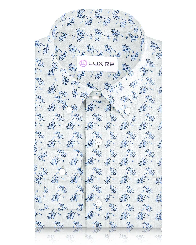 Men's soft muslin shirts-Linen: Pale Blue Printed shrubs On White