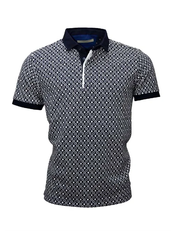 Men’s short-sleeve neutral tone tops-Medallion Polo Shirt In Navy/white