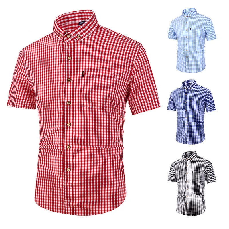 Men's casual waffle shirts-Men's Casual Slim Short Sleeve Plaid Shirt