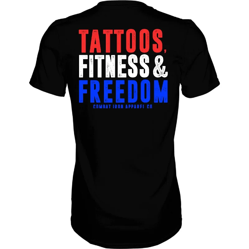 Men’s short-sleeve jet black tops-Tattoos, Fitness, & Freedom USA Edition Men's T-Shirt