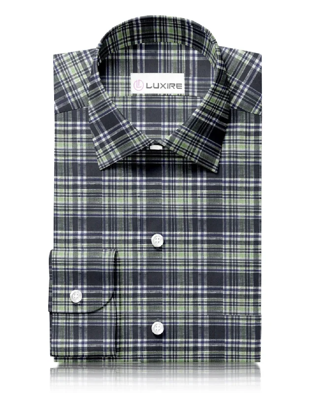 Men's stylish epaulette shirts-Madras Navy Green Checks Linen