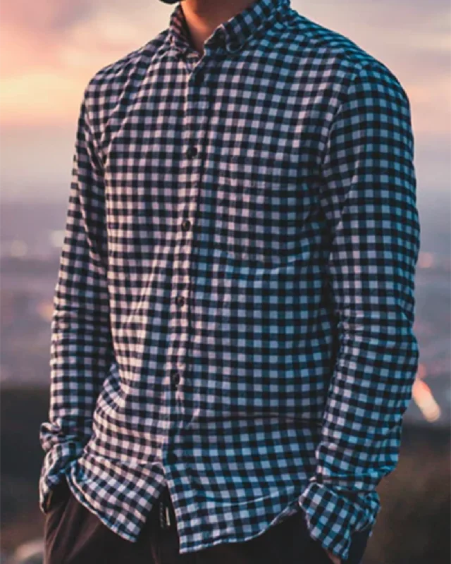 Men's trendy balloon-sleeve shirts-Royal Blue Gingham Checks