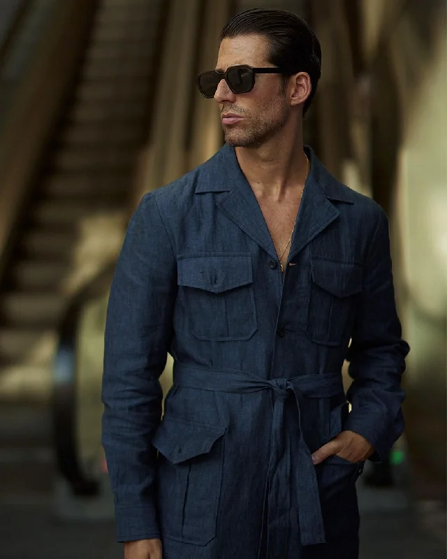 Men's soft bamboo shirts-Safari Jacket in Linen Dark Indigo