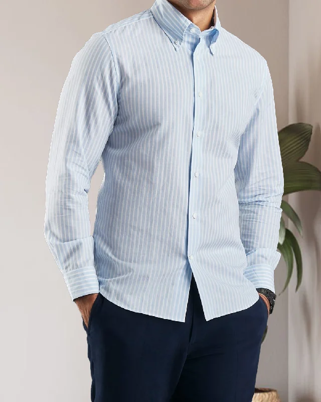 Men's stylish vented shirts-Brembana Sky Blue Slub Awaning stripes Shirt