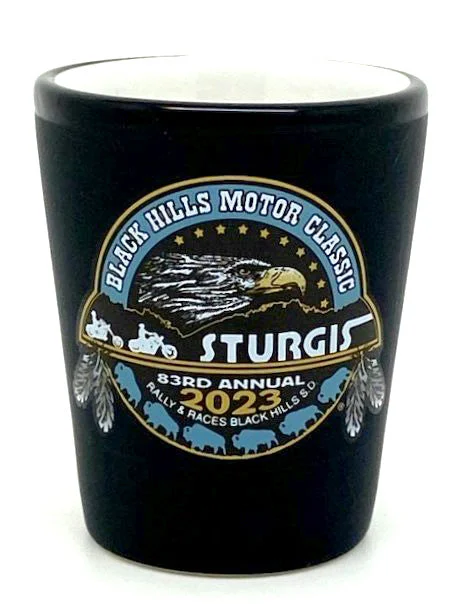 Men’s short-sleeve rusk tops-Sturgis Official Heritage Black/White Shot Glass - 2023