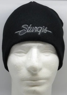 Men’s short-sleeve wave polos-Sturgis Script Beanie Black with Silver