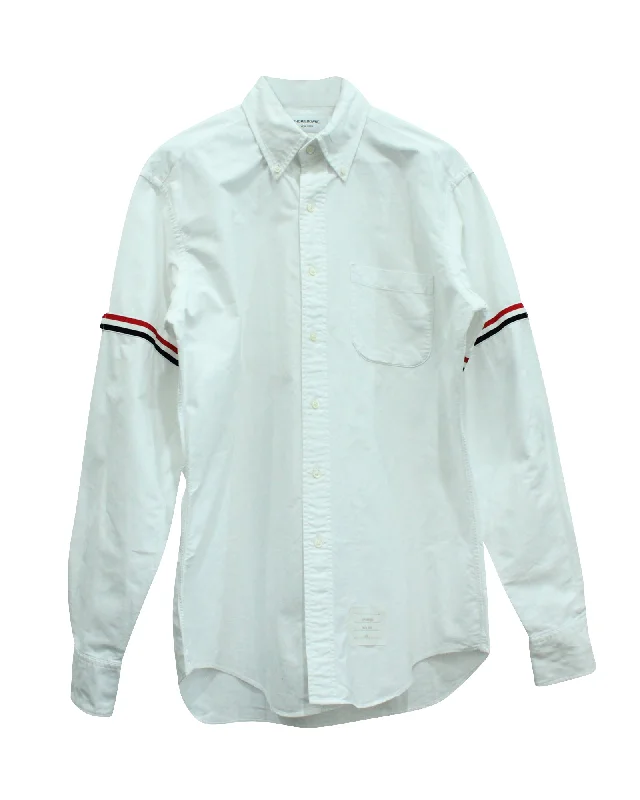 Men's rugged canvas shirts-Thom Browne Button-Down Collar Striped Grosgrain-Trimmed Oxford Shirt in White Cotton