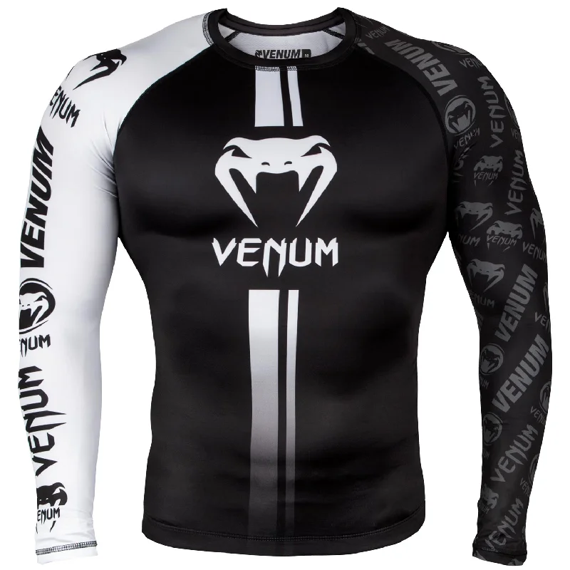 Men’s short-sleeve coil tops-Venum Logos Rashguard Long Sleeves - Black/White