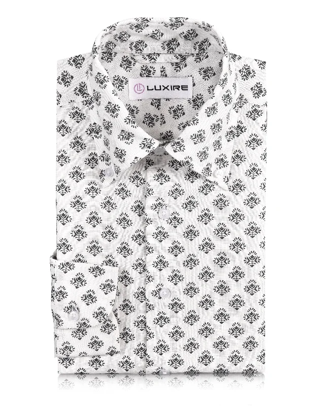 Men's vintage washed shirts-Linen:Black Flowers Printed on White Linen