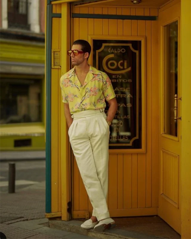 Men's casual distressed shirts-Yellow Printed Flower Shirt