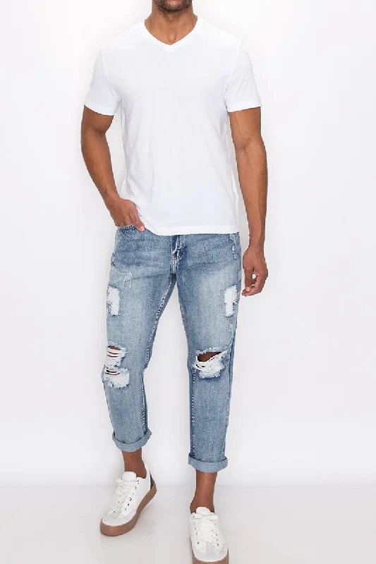 Men's baggy loose jogger pants-Distressed Cropped Denim Jeans