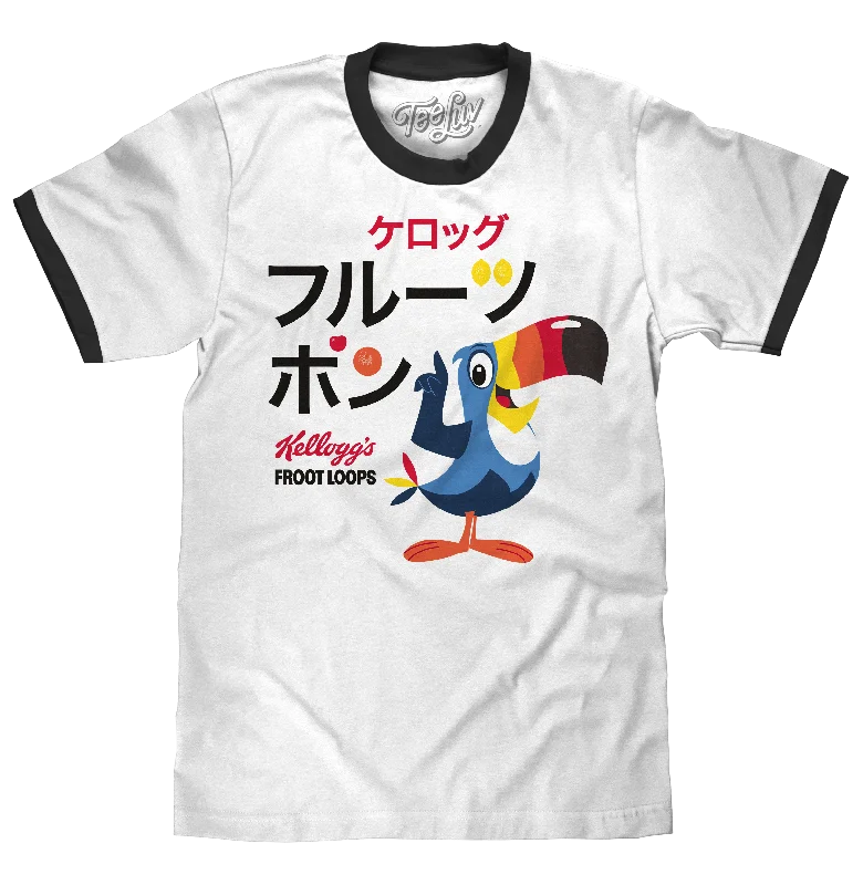 Men’s short-sleeve ooze tees-Froot Loops Cereal Japanese Toucan Sam Ringer T-Shirt - White/Black