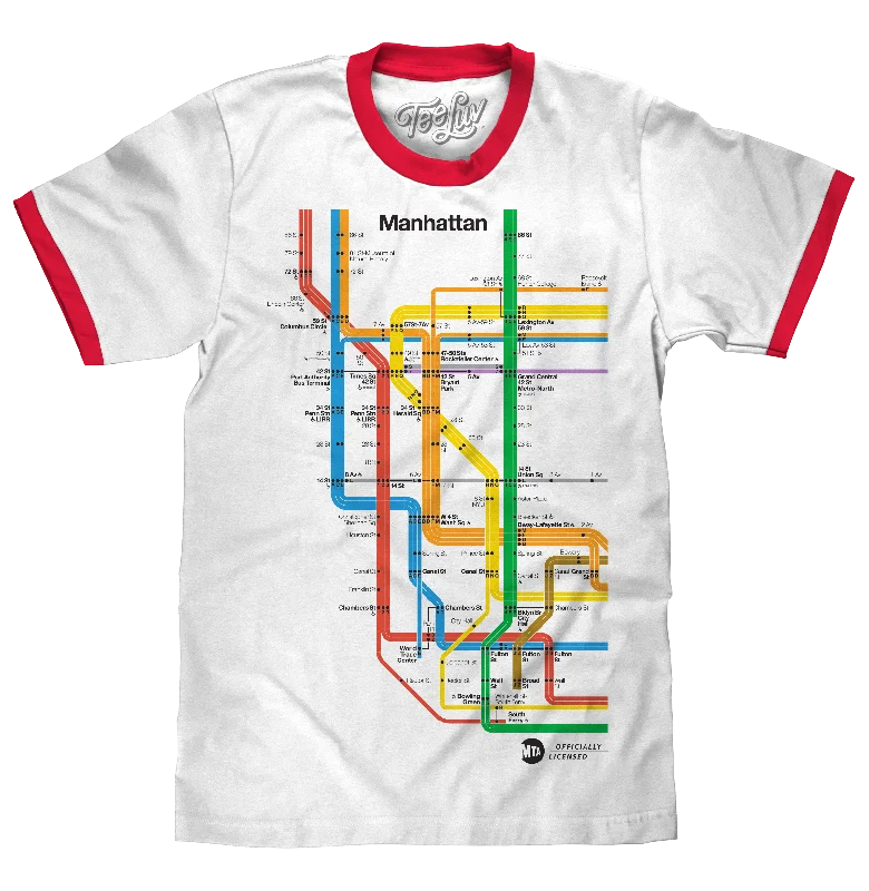 Men’s short-sleeve explorer shirts-Manhattan Metro Map Ringer T-Shirt - White and Red