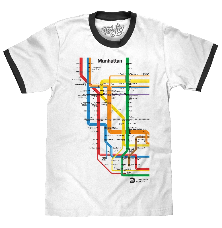 Men’s short-sleeve clod tees-Manhattan Metro Map Ringer T-Shirt - White and Black