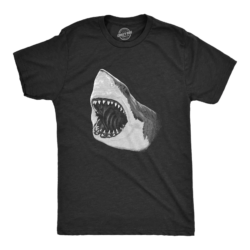 Men’s short-sleeve raw edge tops-Mens Great White Shark T shirt Pearly Teeth Jaws Attacking Cool Graphic Tee