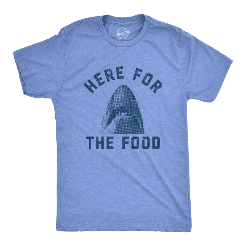 Men’s short-sleeve etch shirts-Mens Here For The Food Tshirt Funny Shark Novelty Great White Graphic Tee