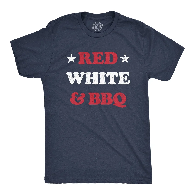 Men’s short-sleeve jogger polos-Mens Red White And BBQ T Shirt Funny Patriotic Barbecue Text Tee For Guys