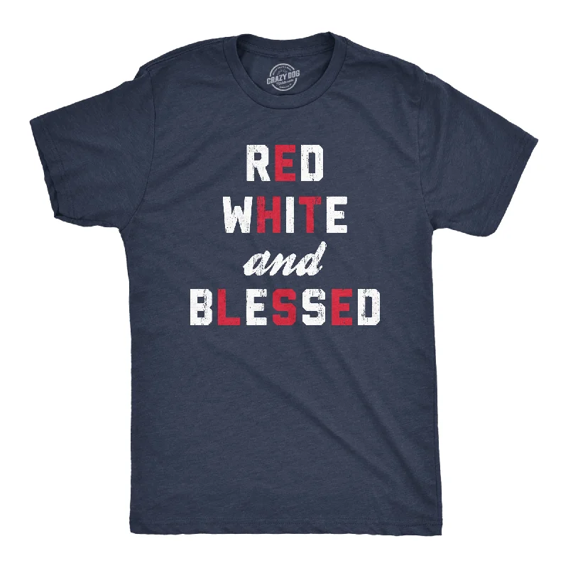 Men’s short-sleeve heritage tops-Mens Red White And Blessed T Shirt Funny Fourth Of July Party Text Tee For Guys