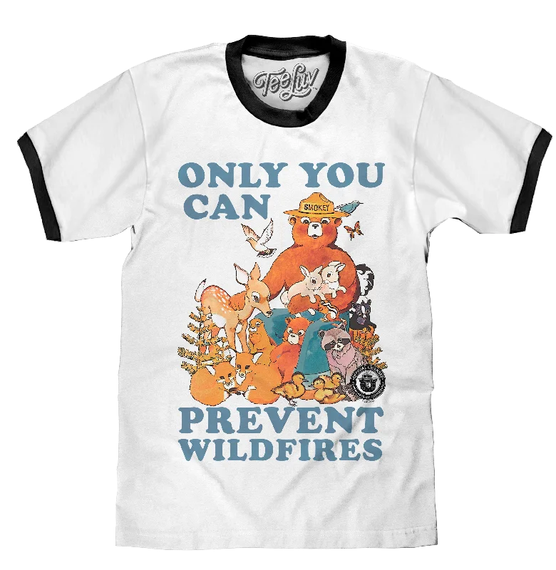 Men’s short-sleeve hiking shirts-Smokey Bear Only You Can Prevent Wildfires Ringer T-Shirt - White and Black